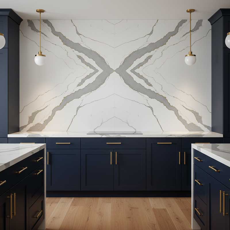 Full-Height Bookmatched Calacatta Quartz Backsplash in Luxury Kitchen Luxury kitchen with full-height bookmatched Calacatta quartz stone backsplash featuring dramatic veining and navy blue cabinets