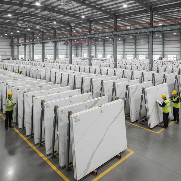 Rows of white Calacatta engineered quartz stone slabs stored in A-frame racks in factory warehouse before shipping to Saudi Arabia