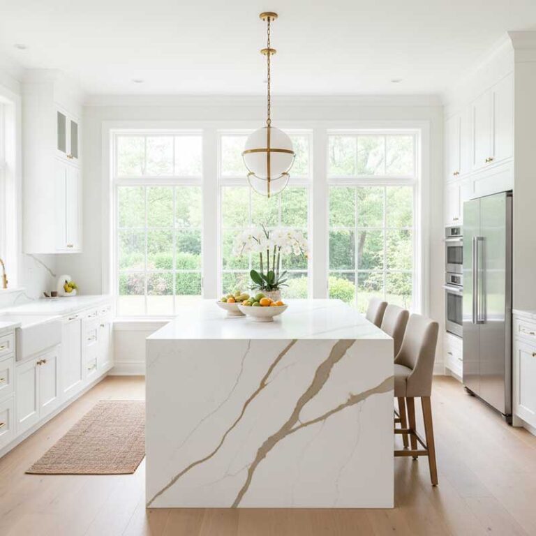 Luxury kitchen with full-height bookmatched Calacatta quartz stone backsplash featuring dramatic veining and navy blue cabinets