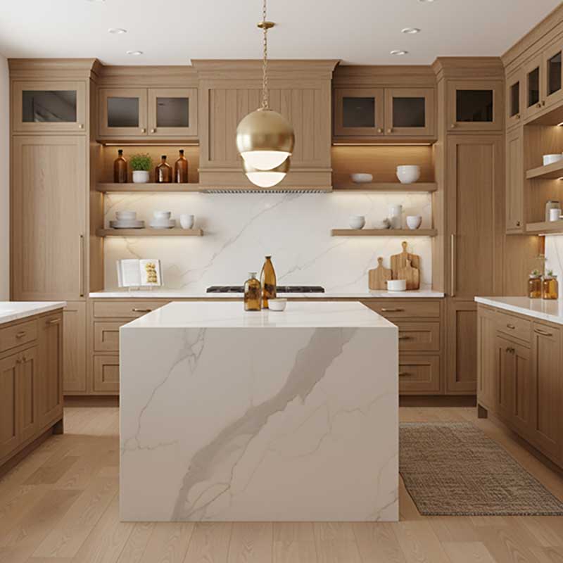 Transitional Kitchen with Calacatta Warm Vein Quartz Waterfall Island Transitional style kitchen featuring Calacatta quartz waterfall edge island with warm-toned veining and wood cabinetry