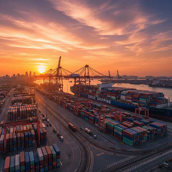 Cargo Ship Loading Containers at Chinese Port for Brazil Export Shipping containers being loaded onto cargo ship at Chinese port for export to Santos Brazil carrying quartz vanity tops
