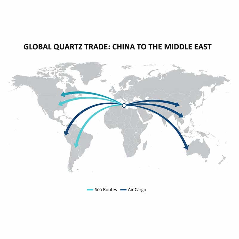 Global Trade Routes for Engineered Quartz Stone from China to Middle East Map showing engineered quartz stone export trade routes from China to Saudi Arabia UAE and Qatar