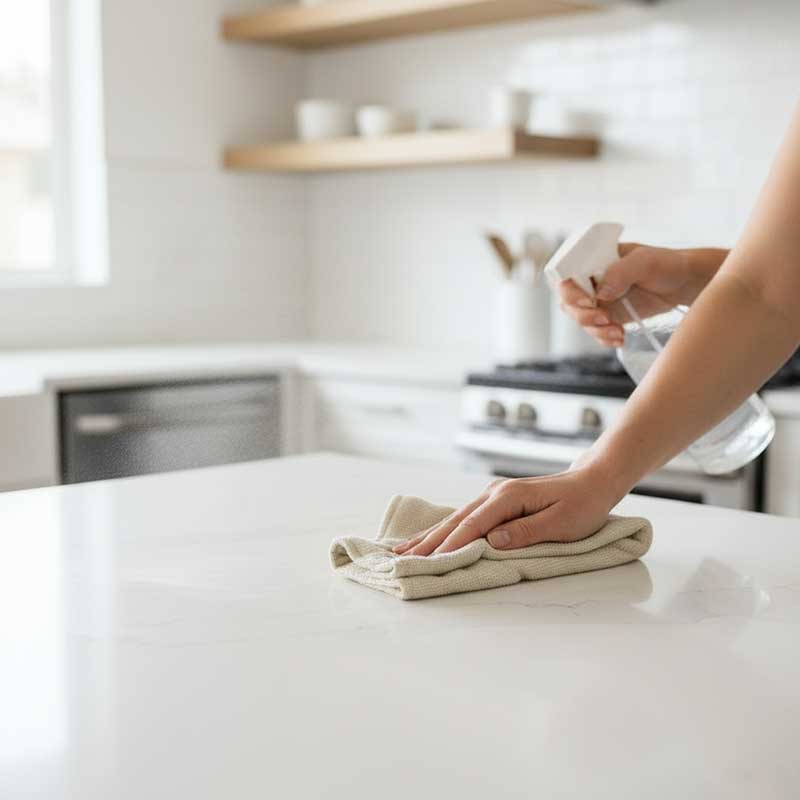 Proper Cleaning Technique for Engineered Quartz Stone Countertop Person cleaning white engineered quartz stone countertop with soft cloth and gentle cleaning spray in modern kitchen