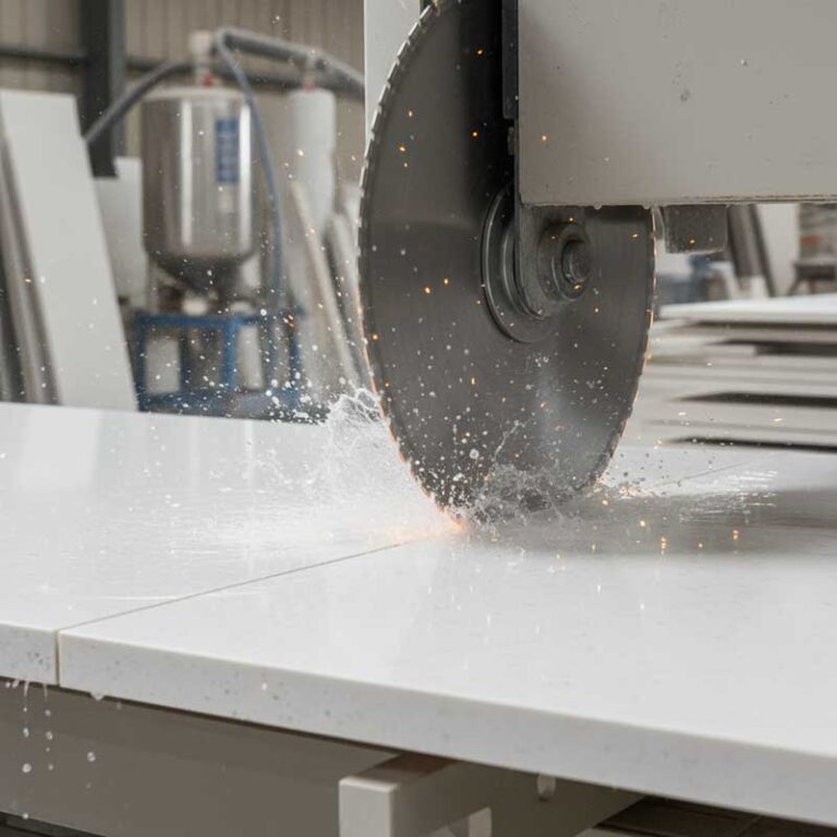 CNC bridge saw cutting through white engineered quartz stone slab with water spray in fabrication workshop