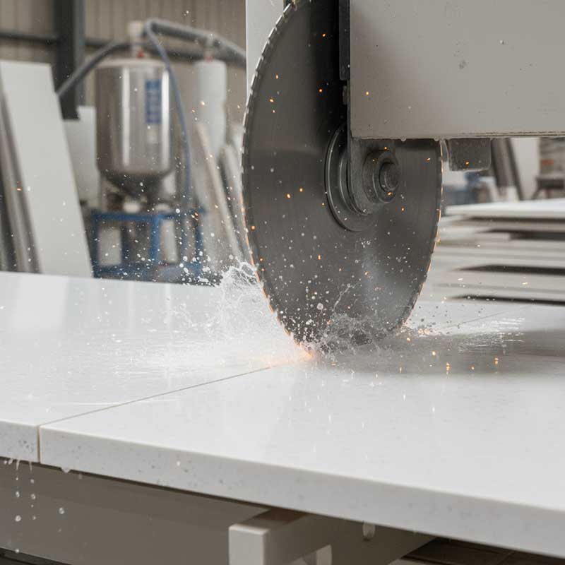 CNC bridge saw cutting through white engineered quartz stone slab with water spray in fabrication workshop