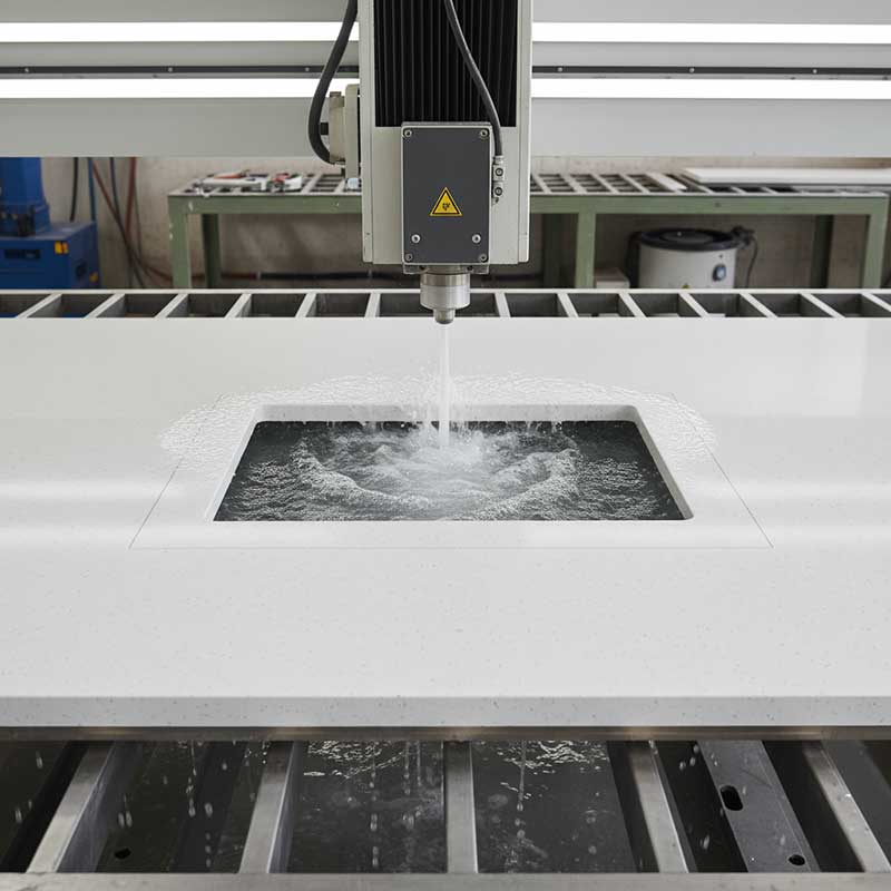 CNC Sink Cutout in Quartz Countertop CNC machine cutting sink cutout in engineered quartz countertop slab