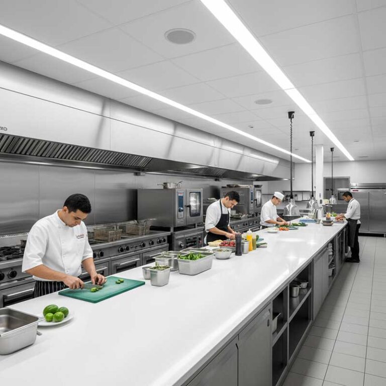 Modern healthcare facility nurses station featuring white engineered quartz stone countertop surface in sterile environment