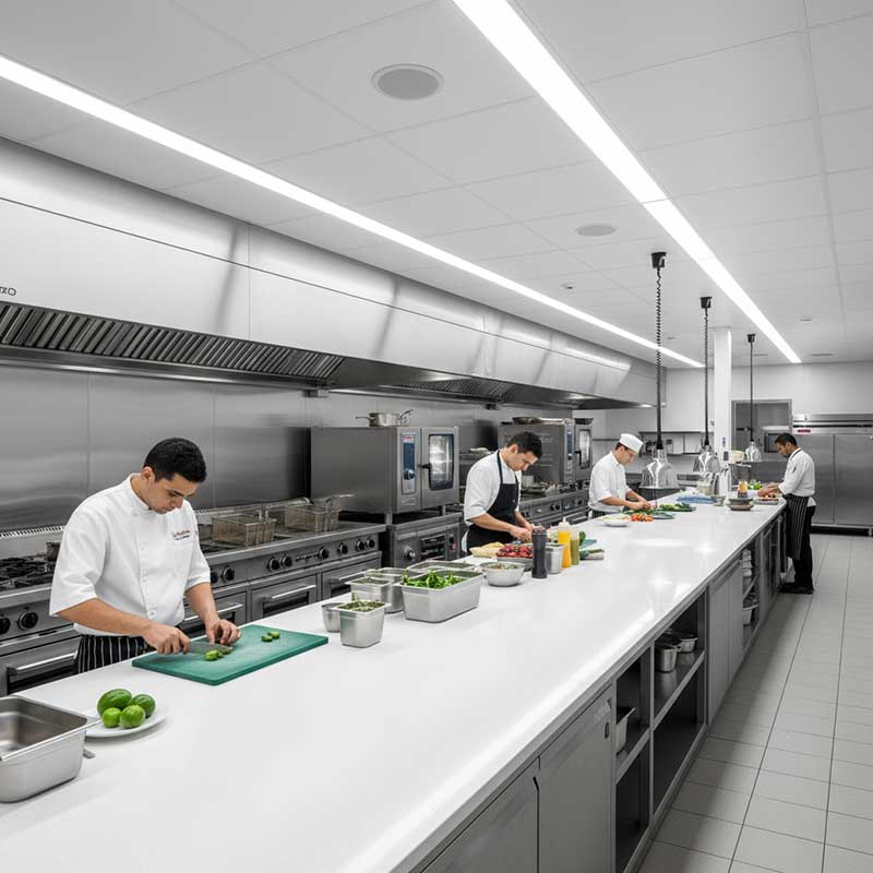 Modern healthcare facility nurses station featuring white engineered quartz stone countertop surface in sterile environment