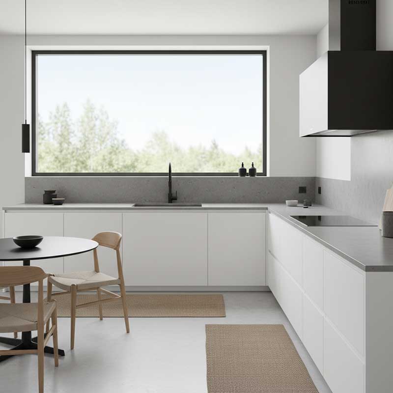 Modern minimalist Scandinavian kitchen with grey concrete-look matte engineered quartz stone countertop and handleless white cabinets