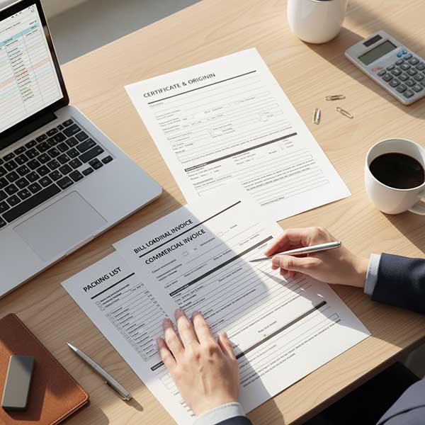 Customs broker reviewing import documentation including certificates of origin and commercial invoices for quartz stone shipment