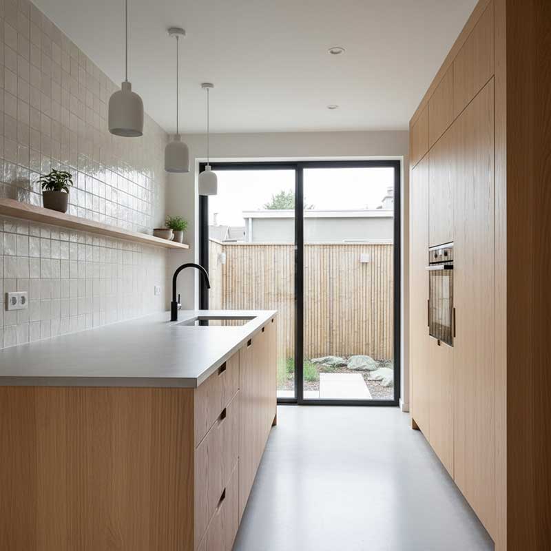 Dark Grey Concrete-Look Quartz Island in German Kitchen Design Modern German kitchen featuring dark grey concrete-look engineered quartz stone island countertop with industrial design elements