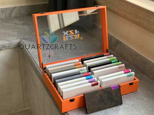 A wide variety of premium engineered quartz stone color samples, including popular marble-look and solid patterns for global buyers