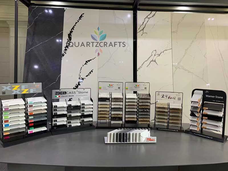 Professional arrangement of quality certification badges and logos for engineered quartz products including NSF International, CE marking, SGS, and UL Greenguard Gold certification marks on white background