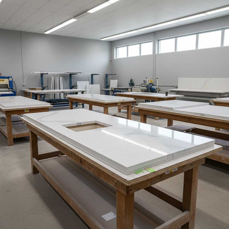 Finished Quartz Countertops in Fabrication Shop Finished engineered quartz countertop pieces with polished edges in fabrication workshop