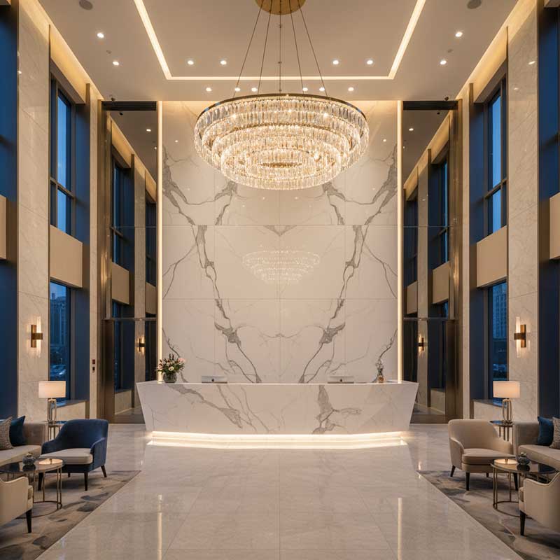 Hotel Lobby with Carrara Quartz Stone Reception Desk and Wall Cladding Grand hotel lobby interior featuring large Carrara white quartz stone reception desk and floor-to-ceiling quartz wall cladding