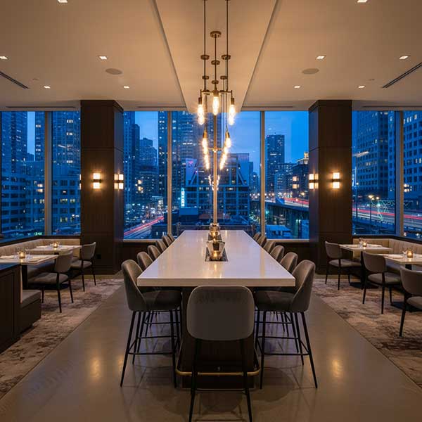 Hotel Restaurant Bar with White Quartz Stone Countertop in Dubai Modern hotel restaurant in Dubai featuring long white engineered quartz stone bar countertop with city views