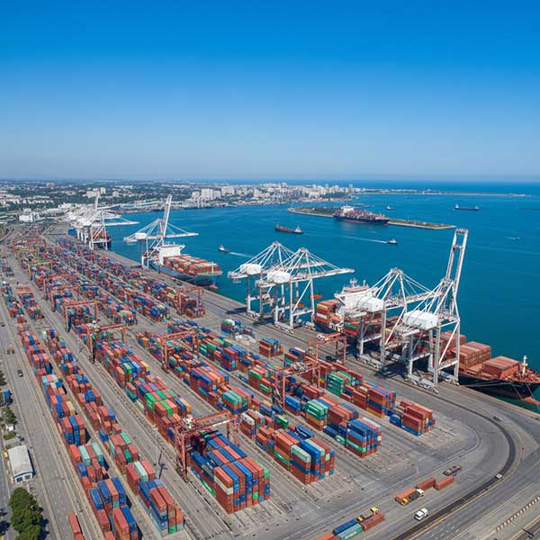International Shipping Port with Cargo Containers and Freight Operations Aerial view of busy international shipping port with stacked shipping containers cargo ships and cranes handling freight