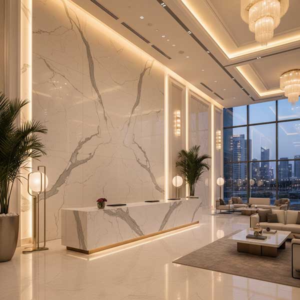 Luxury hotel lobby interior in Dubai with white Calacatta quartz stone wall cladding and reception counter