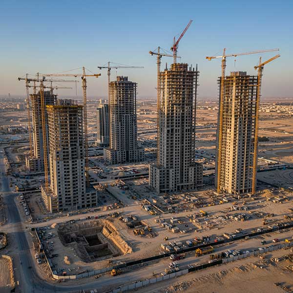 Riyadh Construction Boom Driving Quartz Stone Demand Aerial view of large-scale construction projects in Riyadh Saudi Arabia with multiple luxury towers under construction