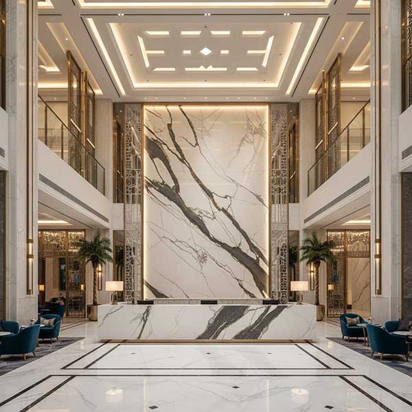 Luxury hotel lobby interior in the Middle East featuring engineered quartz stone wall cladding and reception counter
