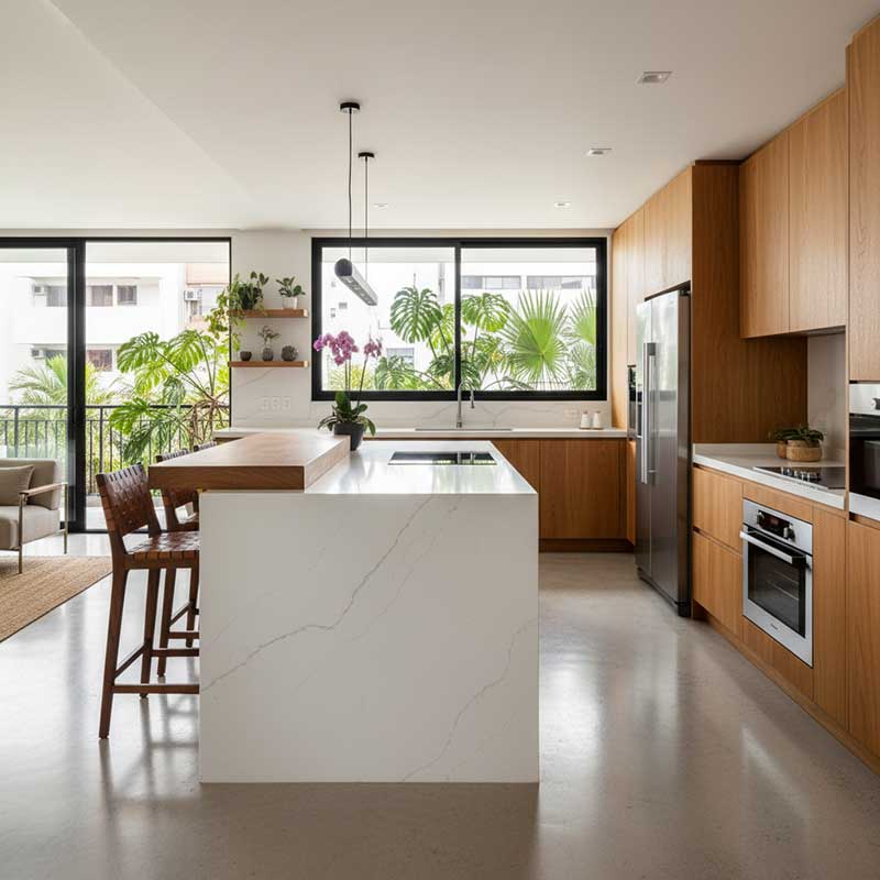 Modern open-plan kitchen in Latin America with white engineered quartz stone countertops and island