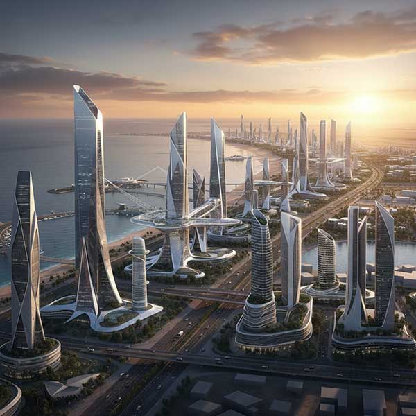 Saudi Arabia NEOM Mega Project Creating Massive Quartz Stone Demand Panoramic rendering of NEOM mega city project in Saudi Arabia driving demand for engineered quartz stone surfaces