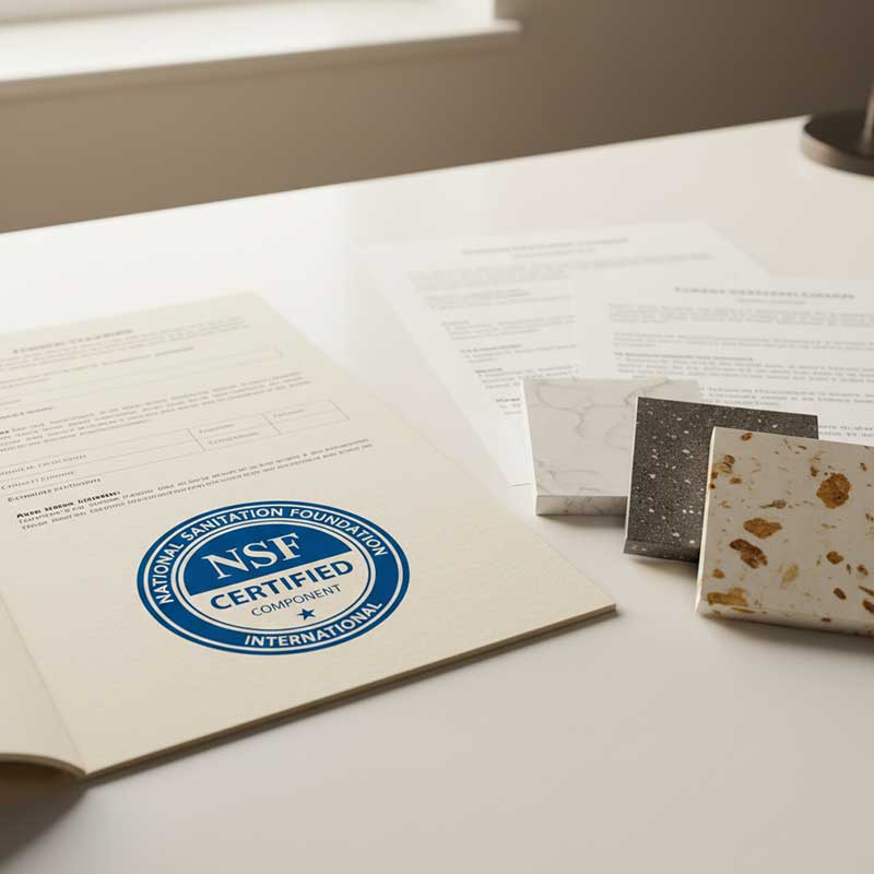 NSF ANSI 51 food safety certification document displayed alongside engineered quartz stone samples on desk