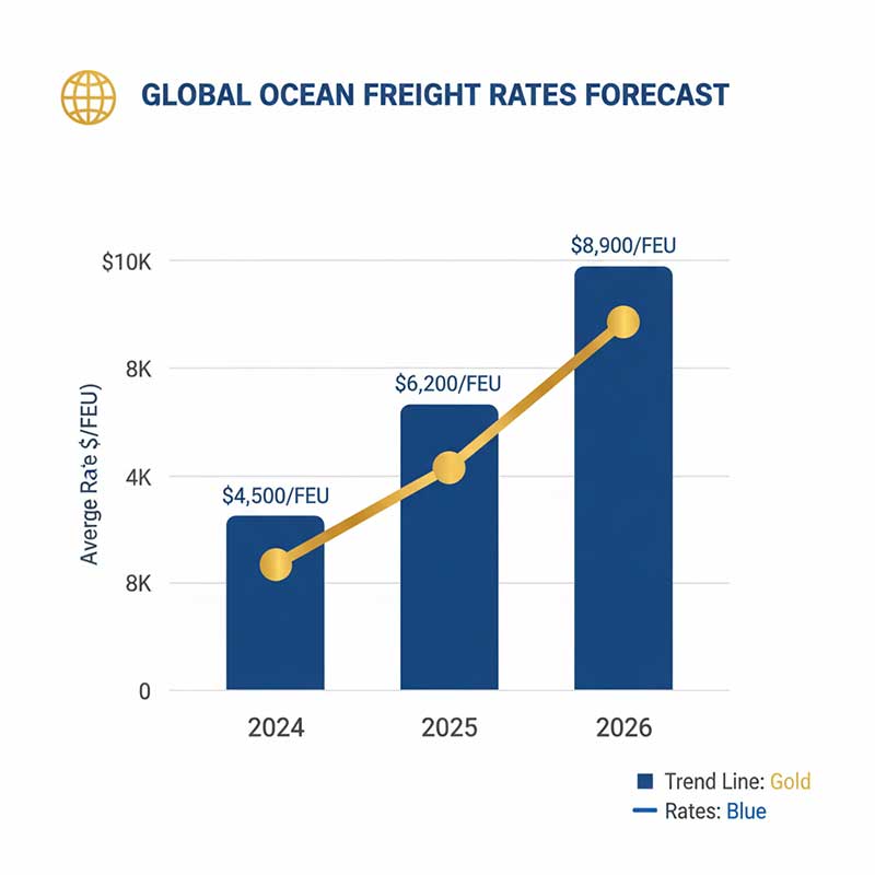 the blue chart shows the ocean freight trend in 2024-2026, the trend is rising