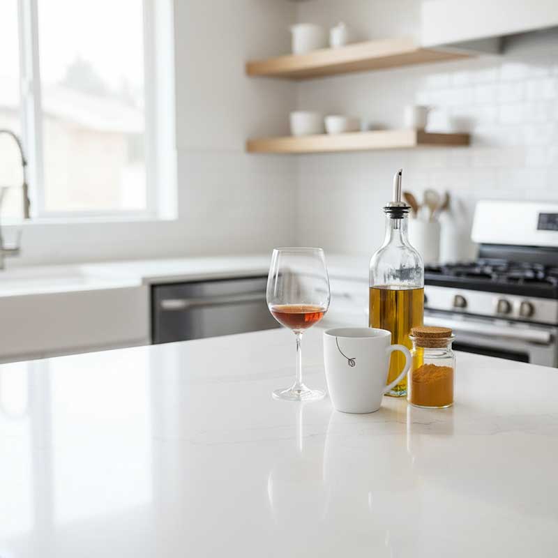 Common Stain Sources on Quartz Stone Kitchen Countertop White quartz stone kitchen countertop with common staining substances including coffee wine and turmeric displayed for stain prevention guide