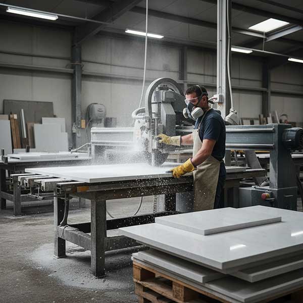 Fabrication workshop where workers are cutting and polishing engineered quartz stone countertops for installation
