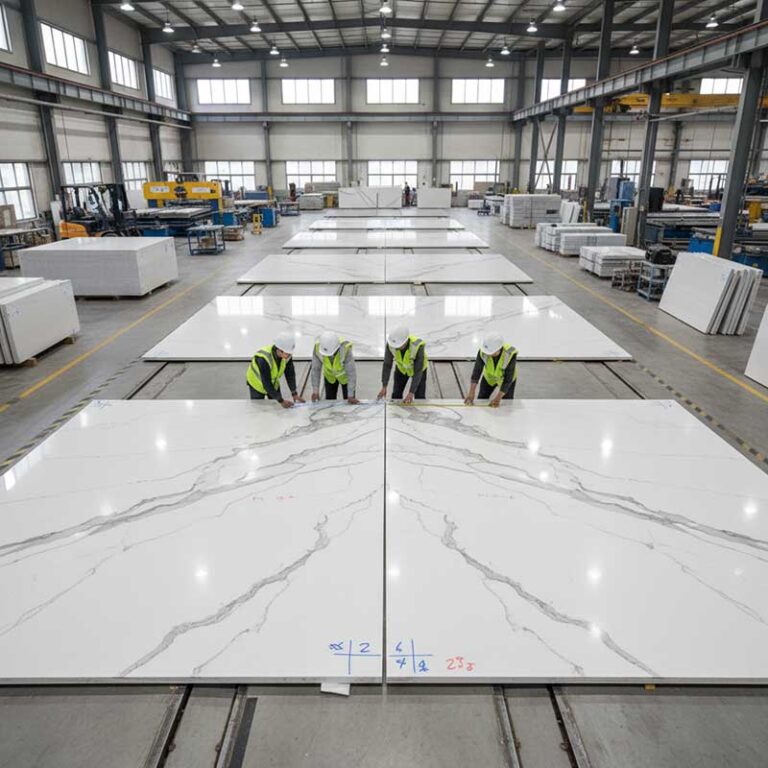 Factory workers laying out and numbering white quartz stone slabs on factory floor for vein pattern matching for hotel project