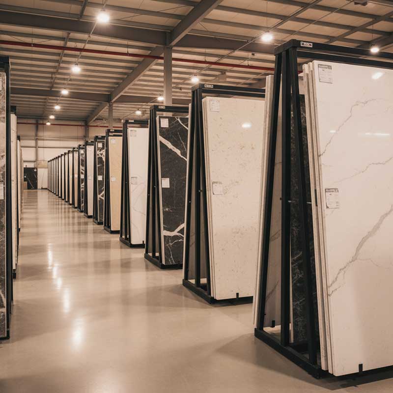 Rows of engineered quartz stone slabs in various colors and patterns displayed vertically in a warehouse