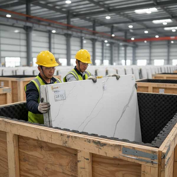 Quartz Stone Slab Being Packed in Protective Wooden Crate Factory workers packing engineered quartz stone slab into protective wooden crate with foam padding for export shipment