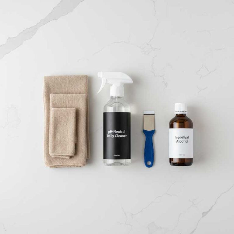 Flat lay of recommended quartz stone care supplies including microfiber cloth pH-neutral cleaner plastic scraper and isopropyl alcohol