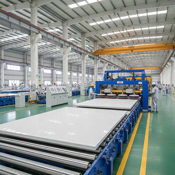 Panoramic view of engineered quartz stone production line inside a modern Chinese factory showing pressing, curing, and polishing stages