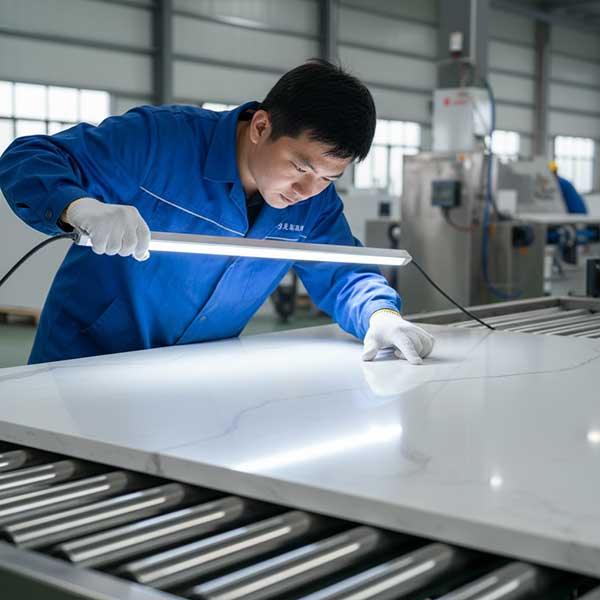 Quality Control Surface Inspection of Quartz Stone Slab Quality control inspector examining surface of white engineered quartz stone slab under inspection light at factory