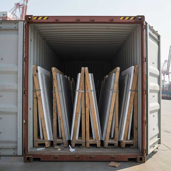 Engineered quartz stone slabs secured in wooden crates inside a shipping container ready for export