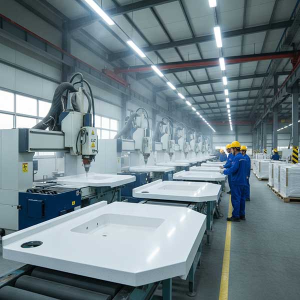CNC Production Line Manufacturing White Quartz Vanity Tops Factory production line with rows of white engineered quartz vanity tops being CNC-cut and processed for Brazil residential project