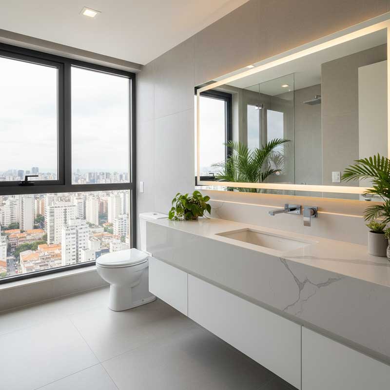 Modern São Paulo residential apartment bathroom featuring pure white engineered quartz stone vanity top with city view