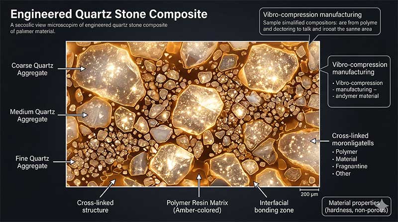 Detailed cross-section illustration of engineered quartz stone composite showing quartz crystals of various particle sizes embedded in a polymer resin matrix 2 Scientific diagram illustration of unsaturated polyester resin molecular cross-linking structure. Show polymer chains (blue) cross-linked by styrene bridges (orange) forming a three-dimensional thermoset network. Clean white background, molecular bonds clearly visible, chemistry textbook style with labeled components. upr-styrene-molecular-crosslinking-diagram.jpg UPR Molecular Cross-Linking with Styrene in Engineered Quartz Stone Scientific diagram showing the molecular cross-linking structure of unsaturated polyester resin with styrene bridges forming the thermoset binder network in engineered quartz stone 3 Educational infographic diagram showing particle size distribution in engineered quartz stone. Three magnified circular insets showing coarse quartz grains (2-4mm), medium grains (0.1-1mm), and fine quartz powder (less than 0.1mm) packed tightly together. Arrows showing how smaller particles fill voids between larger ones. Clean white background, professional infographic style with size labels. quartz-particle-size-distribution-packing-diagram.jpg Particle Size Distribution and Packing Density Optimization in Engineered Quartz Stone Educational diagram showing how coarse medium and fine quartz particles of different sizes pack together to minimize void space and reduce resin consumption in engineered quartz stone 4 Industrial photograph of a large vacuum vibro-compression press machine used for engineered quartz stone slab manufacturing. The press is shown in a large factory hall with the hydraulic system, vacuum chamber, and vibration plate clearly visible. Dramatic industrial lighting, photorealistic wide-angle engineering photography. vacuum-vibro-compression-press-quartz-slab-manufacturing.jpg Industrial Vacuum Vibro-Compression Press for Engineered Quartz Slab Manufacturing Large industrial vacuum vibro-compression press in a quartz stone factory showing the hydraulic pressure system vacuum chamber and vibration plate used for slab manufacturing 5 Dramatic aerial photograph of multiple oil tankers navigating through the narrow Strait of Hormuz at sunset. Warm orange sky reflecting on dark water, silhouetted tanker ships, sense of geopolitical tension and constrained passage. Photorealistic editorial photography, cinematic wide composition. strait-of-hormuz-oil-tankers-supply-disruption-2026.jpg Oil Tankers at the Strait of Hormuz — 2026 Petrochemical Supply Disruption Oil tankers navigating the narrow Strait of Hormuz at sunset symbolizing the 2026 geopolitical disruption to global petrochemical supply chains impacting quartz stone manufacturing 6 Laboratory technician in a white coat performing a flexural strength test on a rectangular engineered quartz stone specimen using a three-point bending apparatus on a universal testing machine. Digital display showing force data. Clean, well-lit quality control laboratory, photorealistic. quartz-slab-flexural-strength-three-point-bending-test.jpg Flexural Strength Three-Point Bending Test on Engineered Quartz Stone Specimen Laboratory technician performing a three-point flexural strength bending test on an engineered quartz stone specimen using a universal testing machine in a quality control laboratory 7 Clean modern infographic showing the petrochemical supply chain from crude oil to engineered quartz stone. Flow diagram: Crude Oil → Naphtha → Benzene → Styrene → UPR → Quartz Slab. Each step connected by arrows with small icons. Additional branch showing Maleic Anhydride and Propylene Glycol feeding into UPR. Professional blue and orange color scheme, white background. petrochemical-supply-chain-crude-oil-to-upr-quartz.jpg Petrochemical Supply Chain from Crude Oil to UPR Resin in Quartz Manufacturing Infographic flow diagram showing the petrochemical supply chain from crude oil through naphtha benzene and styrene to unsaturated polyester resin used in engineered quartz stone manufacturing