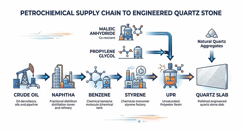 Infographic flow diagram showing the petrochemical supply chain from crude oil through naphtha benzene and styrene to unsaturated polyester resin used in engineered quartz stone manufacturing