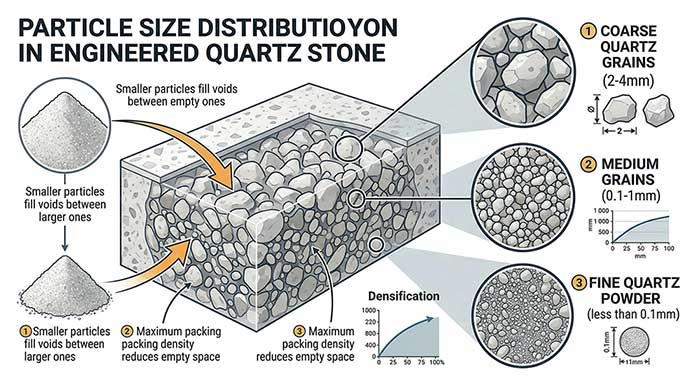 Educational diagram showing how coarse medium and fine quartz particles of different sizes pack together to minimize void space and reduce resin consumption in engineered quartz stone
