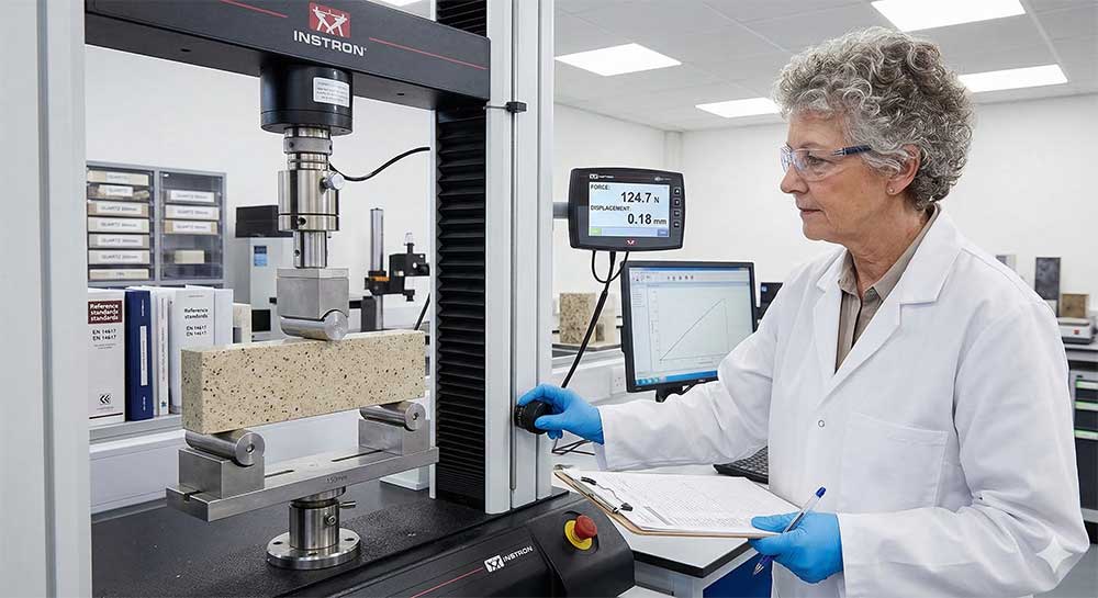 Laboratory technician performing a three-point flexural strength bending test on an engineered quartz stone specimen using a universal testing machine in a quality control laboratory