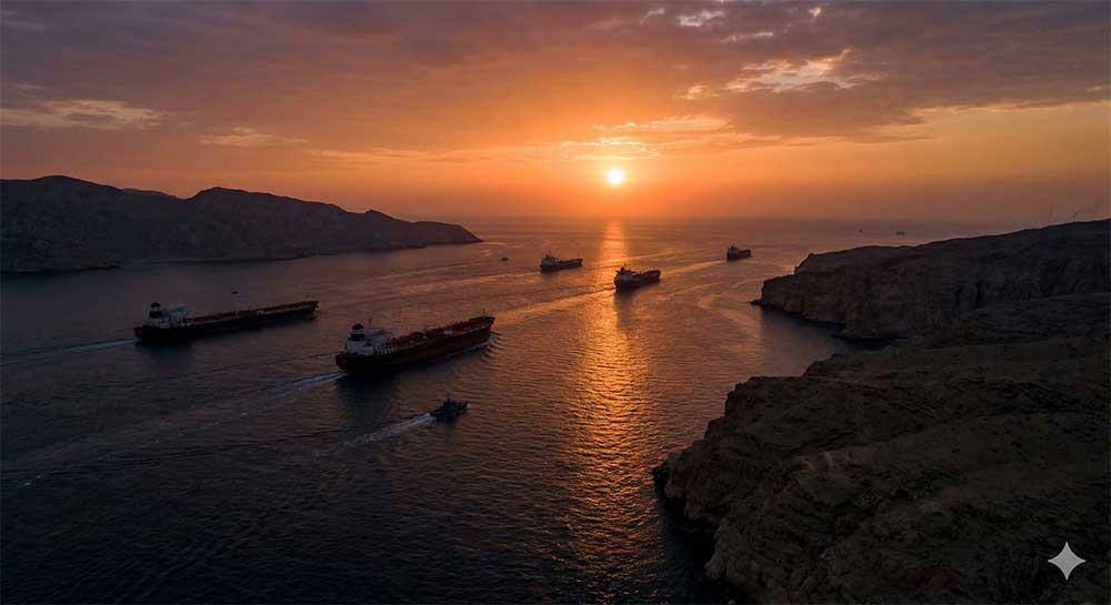 Oil tankers navigating the narrow Strait of Hormuz at sunset symbolizing the 2026 geopolitical disruption to global petrochemical supply chains impacting quartz stone manufacturing