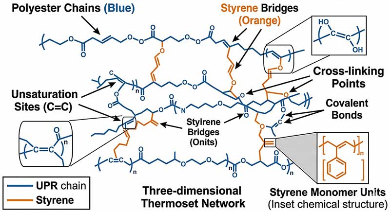 Scientific diagram showing the molecular cross-linking structure of unsaturated polyester resin with styrene bridges forming the thermoset binder network in engineered quartz stone