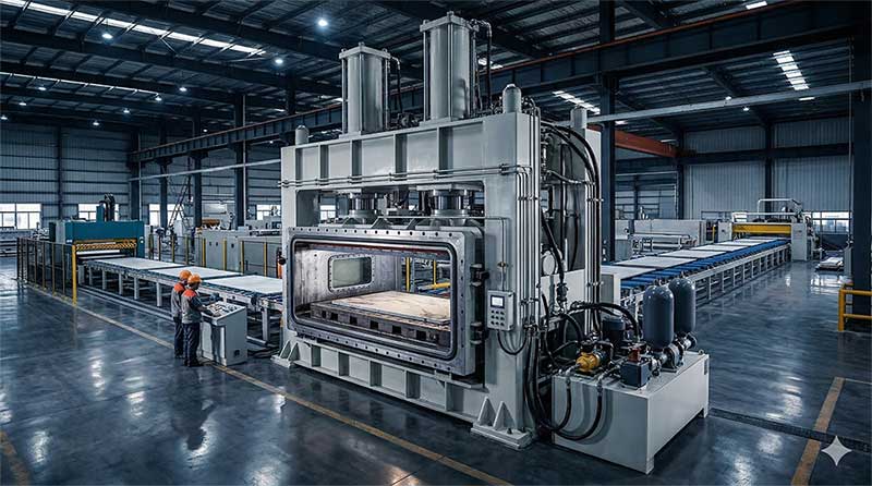 Large industrial vacuum vibro-compression press in a quartz stone factory showing the hydraulic pressure system vacuum chamber and vibration plate used for slab manufacturing